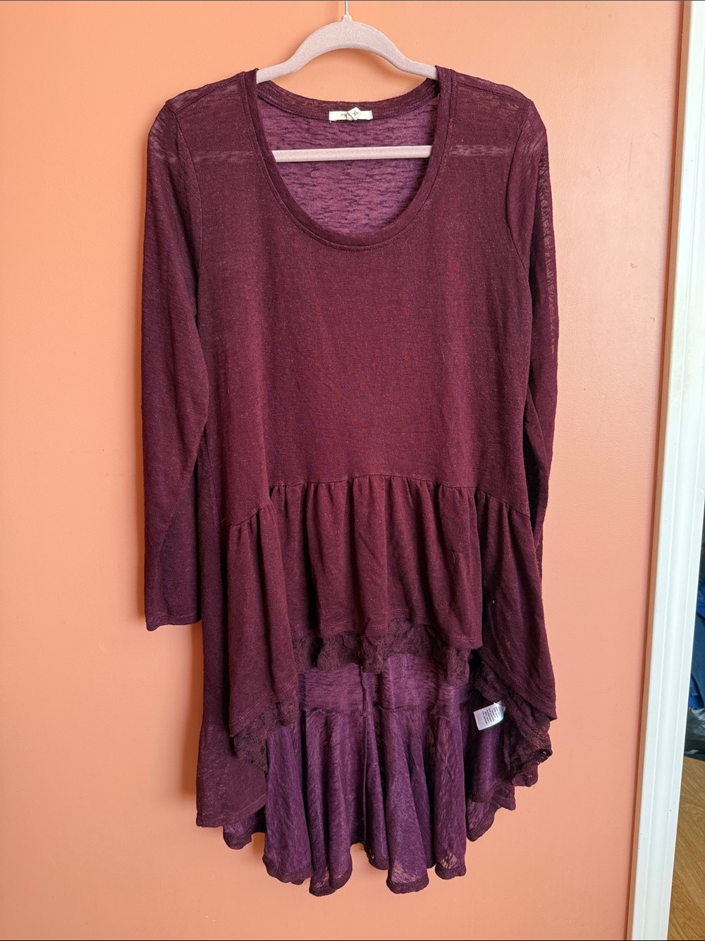 Maurices Burgundy Scoop Neck Long Sleeve Peplum Tunic